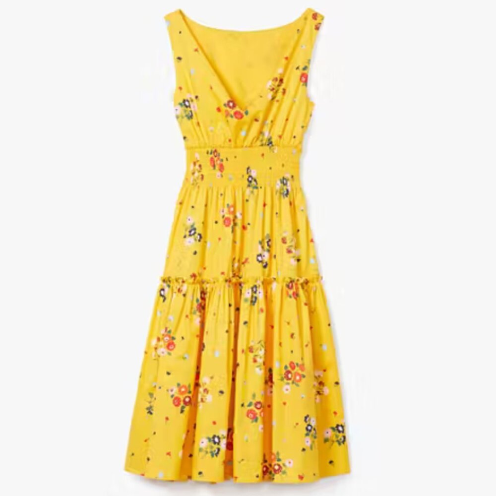 Kate Spade New York Bouquet Toss Smocked Waist Dress Yellow size Medium